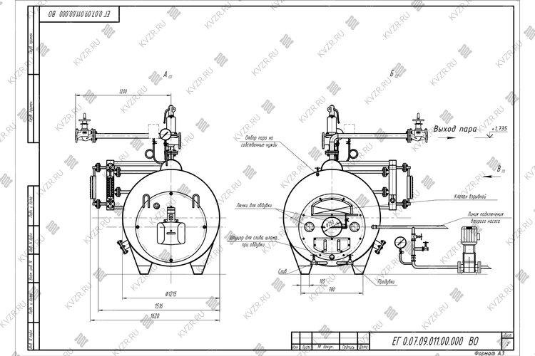 Чертеж парового котла Е 0.7 0.9 на газе